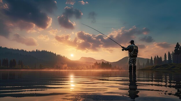 fisherman with a fishing rod catches fish on the river