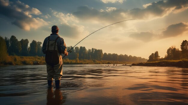 fisherman with a fishing rod catches fish on the river