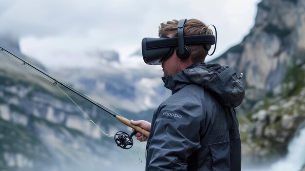 fisherman with a fishing rod in his hands catching a fish with virtual reality sunglass