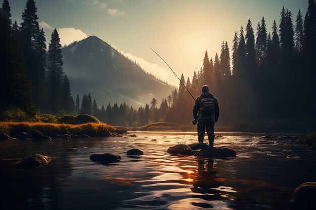 Photo fisherman with a freshly caught trout on a river bank