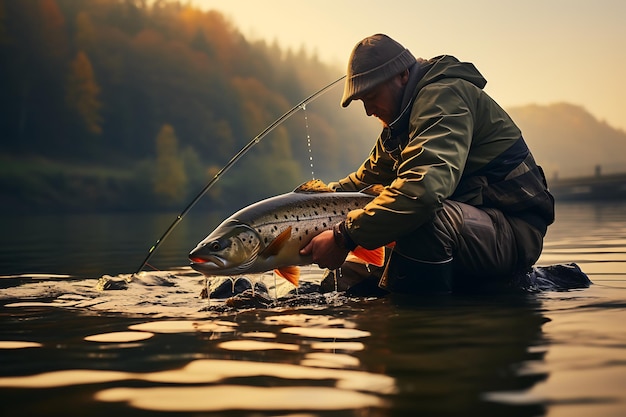 Photo fisherman with a freshly caught trout on a river bank