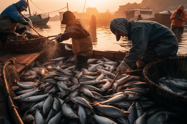 漁師は日の出時に海で新鮮な魚を売っている