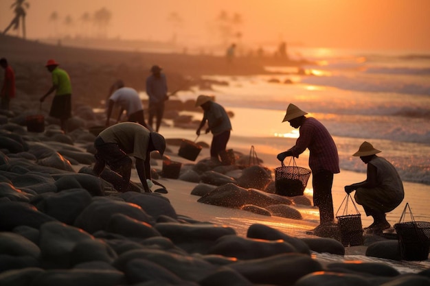 fishermen on the beach with their nets in the water.