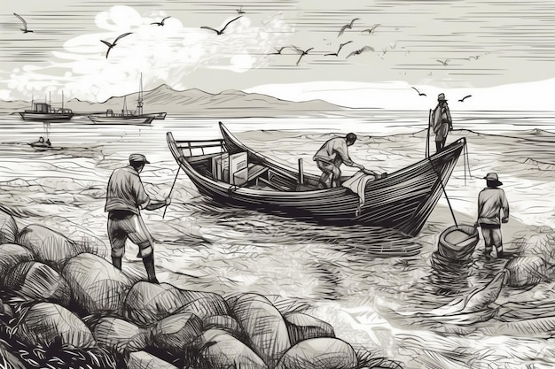 Fishermen catch fish with nets from the sea sketch style