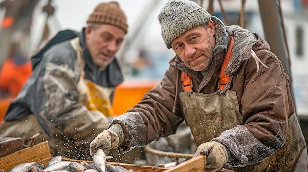 漁師は魚で満たされたトラールを選ぶ