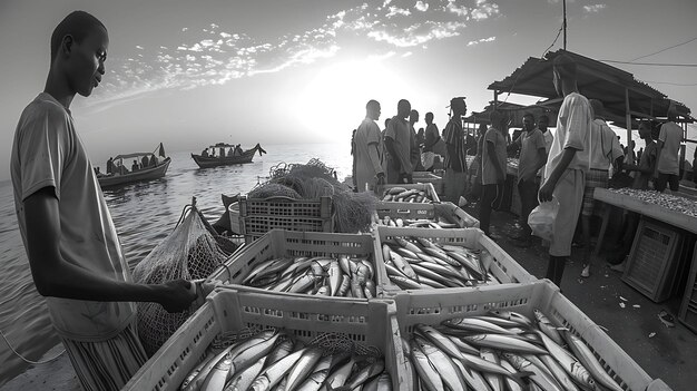 Photo fishermen selling freshly caught fish at a coastal market in traditional and culture market photo