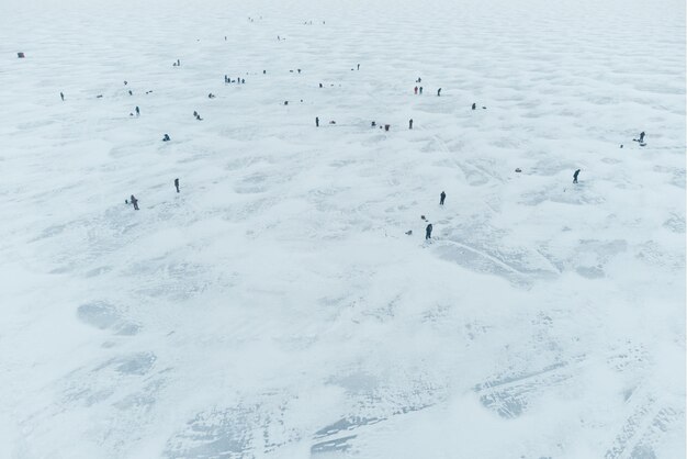 Fishermen on winter fishing Air view