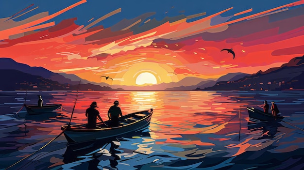 Photo fishermen working on boats in a modern and vibrant graphic style