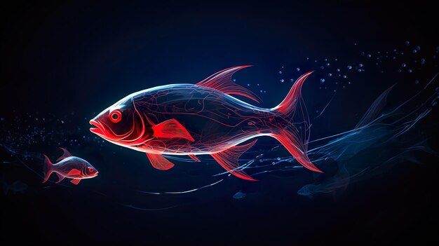 Fishes on black background in light painting style Generative AI