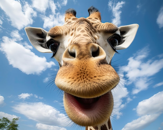 Fisheye-hoek van een giraffeon op safari Generatieve ai