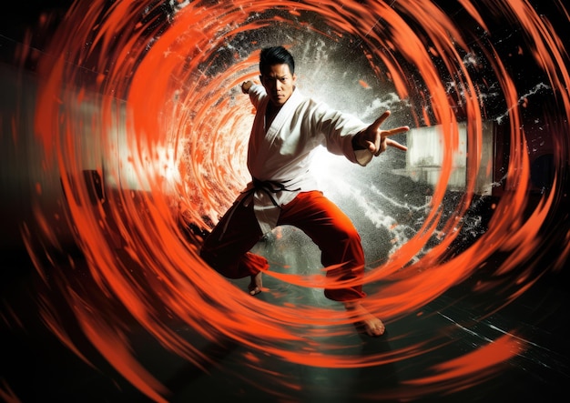 Photo a fisheye lens shot of a martial artist executing a spinning kick with the distorted perspective