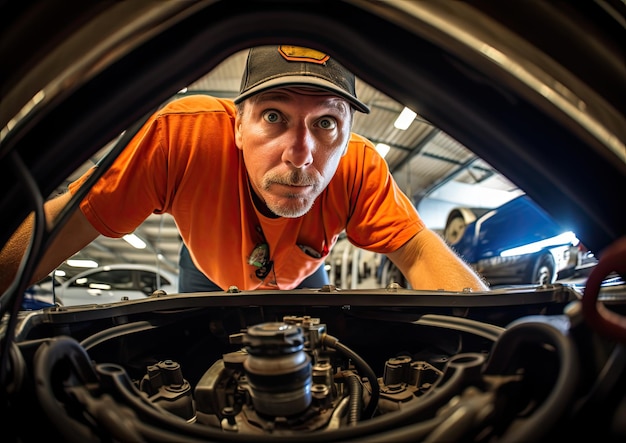 A fisheye lens shot of a mechanic leaning over the hood of a car intently examining the engine