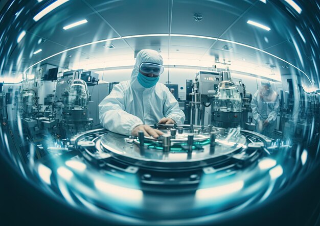 Photo a fisheye lens shot of a scientist working in a cleanroom with the curved distortion of the lens