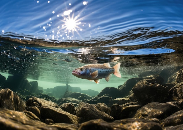 A fisheye perspective shot from underwater capturing the moment a fisherman's lure breaks the