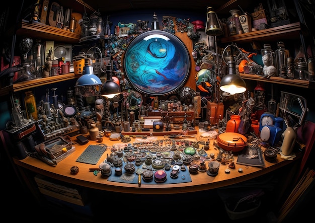 A fisheye shot of a cobbler's workstation showcasing the tools and materials from a unique