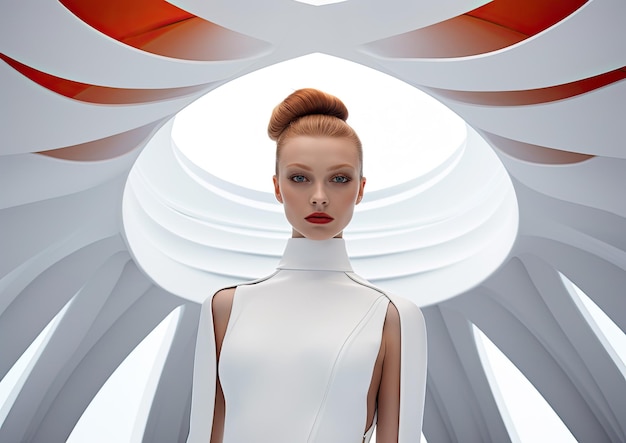 A fisheye shot of a model posing in a futuristic minimalist setting The use of curved lines and