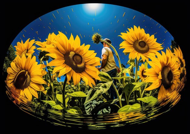 Foto una vista fisheye di un giardiniere che innaffia un letto di vivaci girasoli gialli che catturano la scena