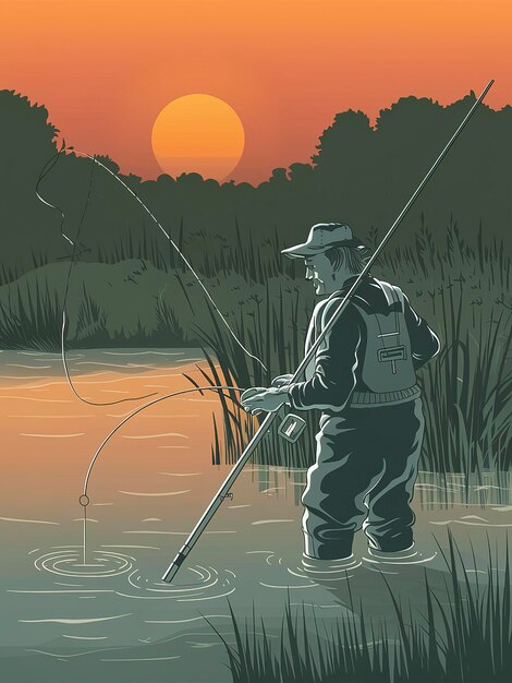 Photo fishing adventures carp fishing angler at sunset is fishing with carpfishing technique