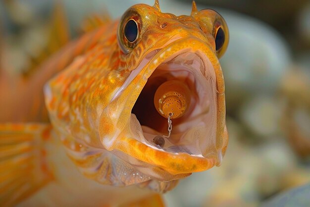 Fishing bait inside the fish mouth against blurred background