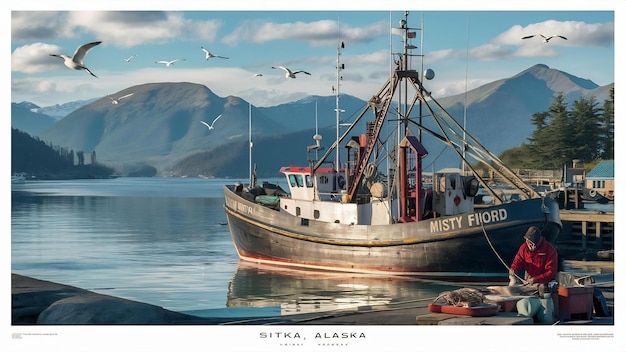 Fishing boat anchored in harbour sitka ak pano