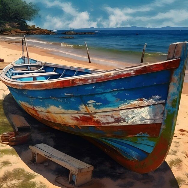 Photo fishing boat on the beach digital painting illustration