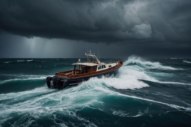 Foto una barca da pesca sfida i mari tempestosi