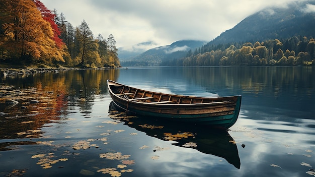 fishing boat in a calm lake waterold wooden fishing boat wooden fishing boat in a still lake water