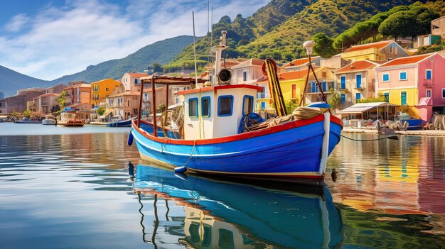 Fishing boat finds its place equipped with fishing rods neatly aligned reflecting the shared passion of anglers and the promise of fruitful fishing experiences Generated by AI