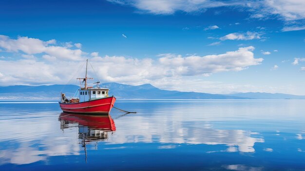 Fishing boat is enhanced as it sails on calm waters under a clear blue sky captain mooring boatswain stranded hole watercraft ferry stern dock generated by ai