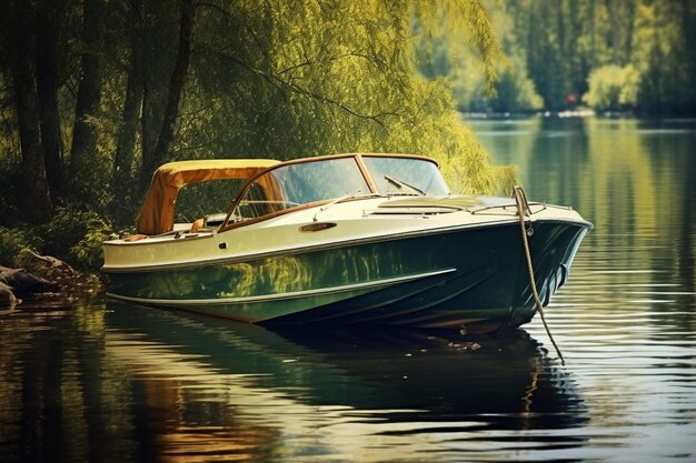 Fishing boat on the lake in the forest Beautiful summer landscape