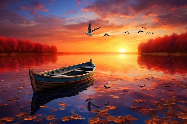 Fishing boat on the lake at sunrise