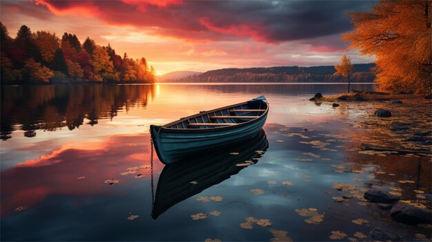 Fishing boat on the lake at sunset Beautiful autumn landscape