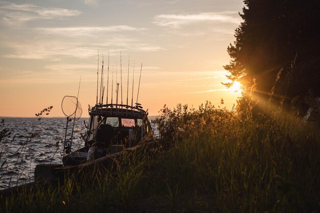 写真 夕暮れ の 時,海 に 植え られ て いる 漁船