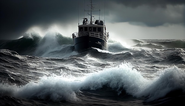 Fishing boat navigating during a storm