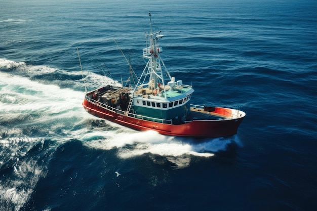 fishing boat sailing on the sea nice sunny day aerial view