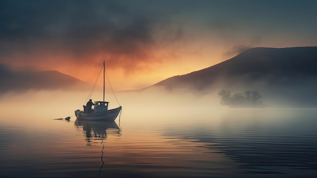 Fishing boat sails on a serene lake at dawn fishing rod wave pier rowing current pond life jacket herring canoe kayak Generated by AI