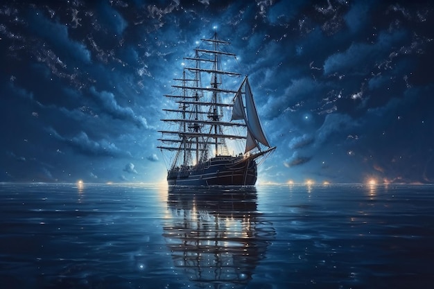 Fishing boat on the sea among the night sky with many stars reflected in the water