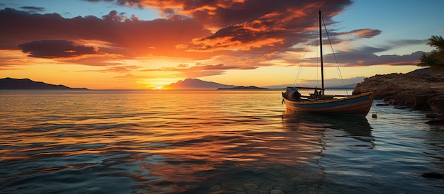 Fishing boat in the sea at sunset