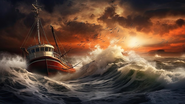 Фото Рыбацкая лодка, демонстрирующая необузданную силу природы и упорство моряков, смело преодолевающих ее бурные воды. создано искусственным интеллектом.