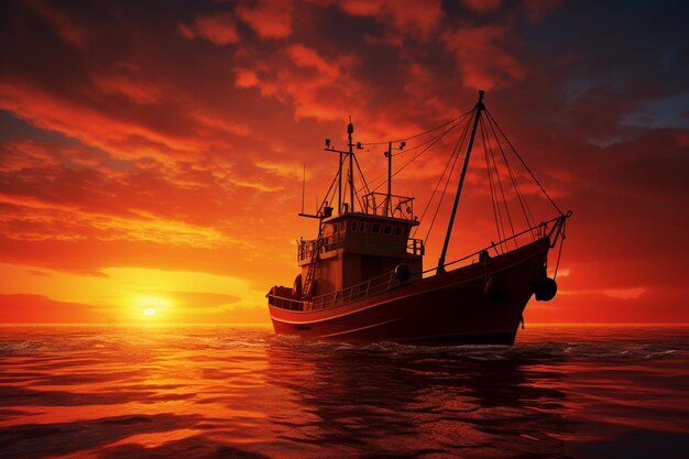 A fishing boat silhouetted against the fiery backd 00174 02