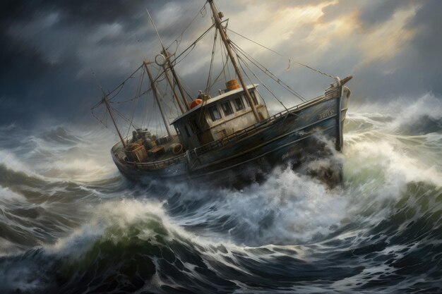 Fishing boat in stormy sea 3d rendering Computer digital drawing A vintage fishing boat navigating rough seas AI Generated