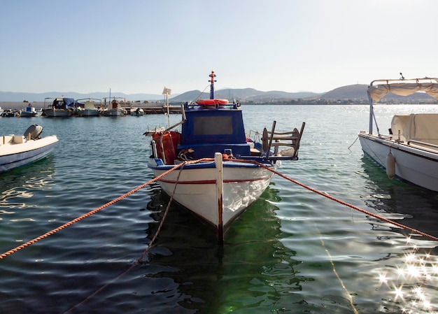 ギリシャのエヴィア島の穏やかなエーゲ海で晴れた日の午後に漁船