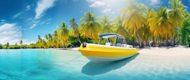 Fishing boat on a tropical island with palm trees 3d render