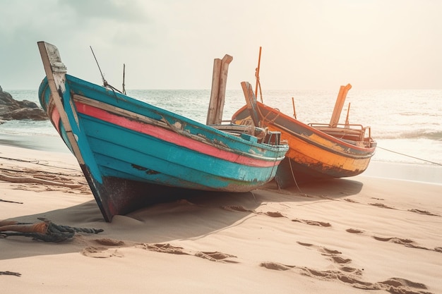 Fishing boats on the beach with the sun shining on them