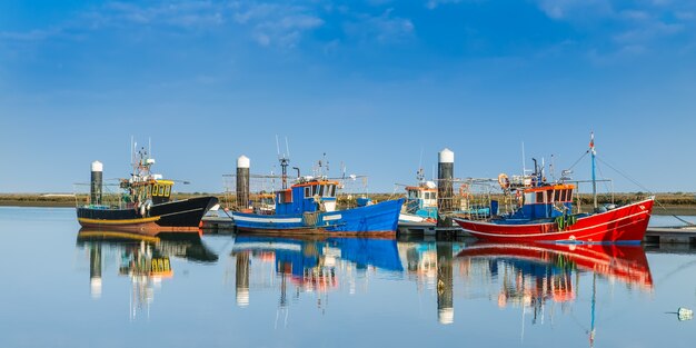 Fishing boats moored at the dock. Industrial ships.