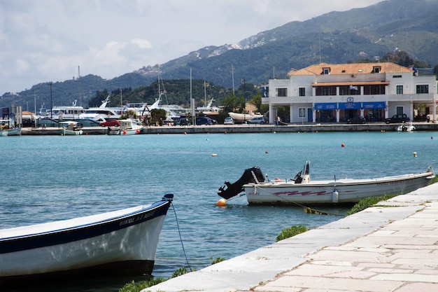 Fishing boats moored in port in Zante town Greece