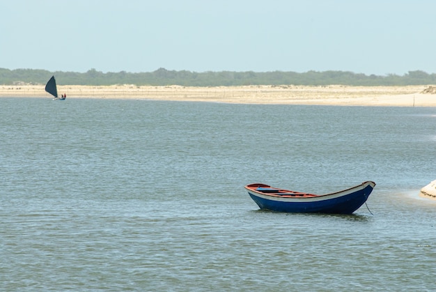 Fishing boats on the Preguica river on Cabure beach Barreirinhas Maranhao Brazil