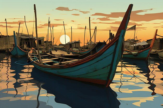 Fishing boats in the sea at sunset render illustration