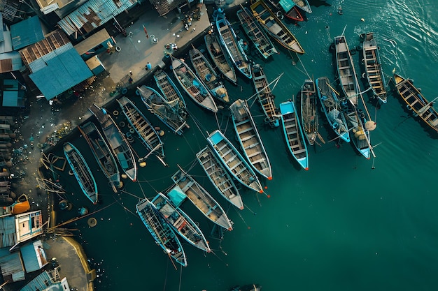 Fishing boats in the sea Top view of fishing boats