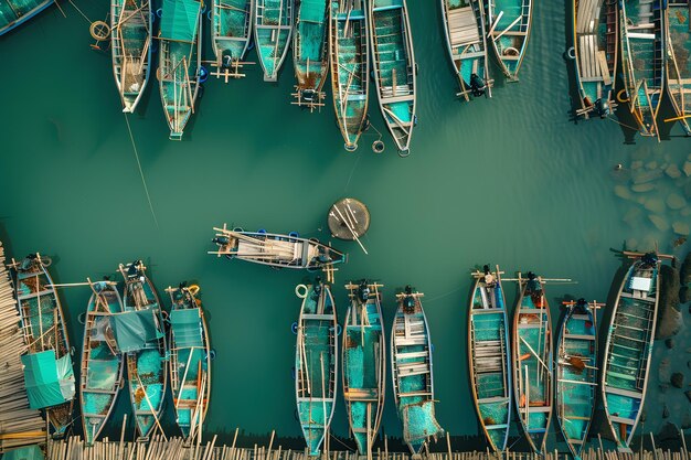 Fishing boats in the sea Top view of fishing boats